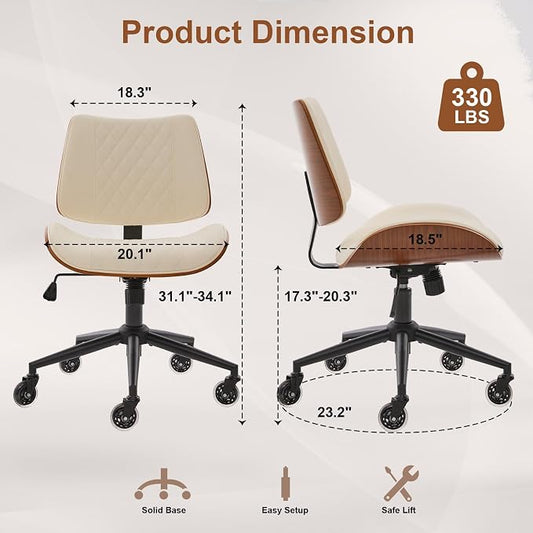 Armless Office Chair with Wheels, Ergonomic Leather Chair, Mid Back 360 Swivel Computer Chair, Modern Walnut Desk Chair for Small Space, Reading, Meeting Room, Beige