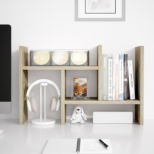 Jerry & Maggie Desktop Organizer Office Storage Rack Adjustable Wood Display Shelf Free Style Double H, Multi-Functional Mini Bookshelf for Desk Natural Stand (Gray Oak/2 Pack)
