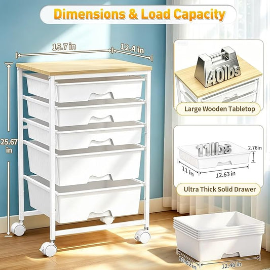 SUNALLY Rolling Carts With 5 Drawers, Storage Drawer Carts with Wooden Tabletop and 2 Lockable Wheels, Rolling Utility Cart for Craft Art Supply Storage & Home Office Organization, White