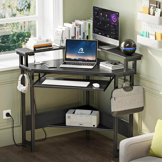 Corner Gaming Desk - ,44.5" W x 34.5" H Small Computer Desk with Power Outlets,Home Office Desk with LED Lights, Triangle Corner Table with Keyboard Tray & Monitor Stand for Small Space, Black