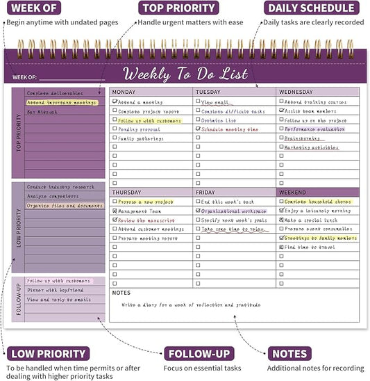 Weekly To Do List Notepad, 52 Undated Sheets (8.5"×11") Duplex-Printed Weekly Desk Planner For Work Home School Office Desk Accessories Supplies & Goal Setting Tasks - Purple