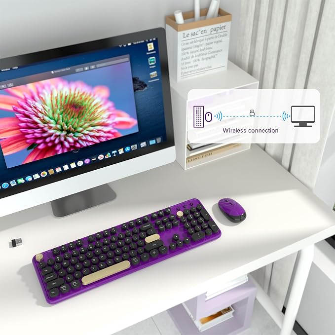 Links9+ Retro Wireless Keyboard and Mouse Combo, 104-Key Full-Size Floating Round Keycaps, 2.4G Plug & Play, USB & Type-C Ready, Ergonomic Set for Mac, Laptop, PC, Windows (Purple-Black)
