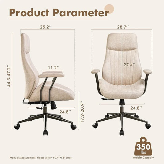 High Back Home Office Chair,Mid Century Modren Ergonomic Executive Chair,Lumbar Support Swivel Task Chair with Wheels,Computer Desk Chair Suede Fabric,350LBS (Beige)