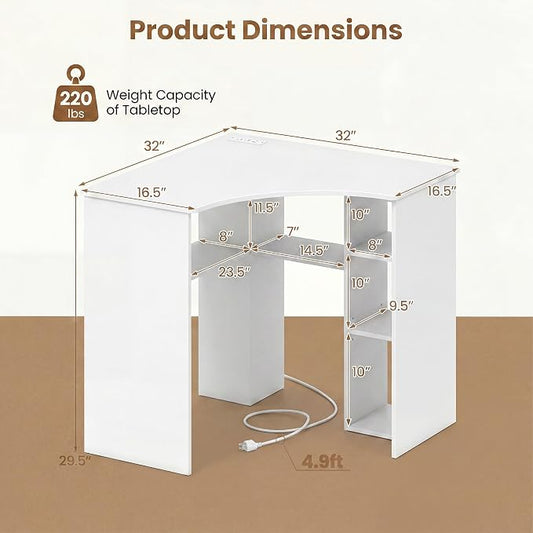 GOFLAME White Corner Desk with Charging Station, Small Corner Desk with Storage Shelves, Triangle Computer Desk, Study Writing Table for Home Office, Small Spaces