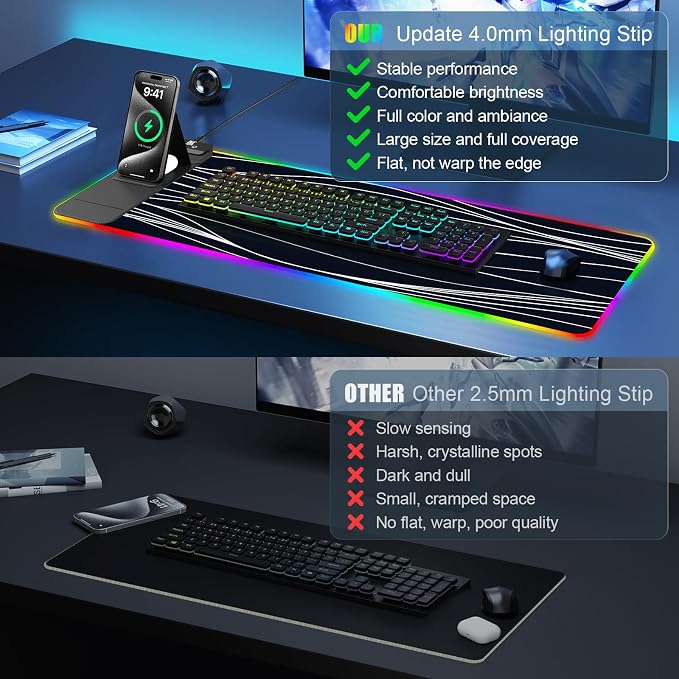 RGB Mouse Pad with Foldable Phone Stand Wireless Charger, 31.5"x11.8" XL Gaming Mousepad Large Desk Mat, Desk Pad with 11 Colors 5 Modes, Waterproof