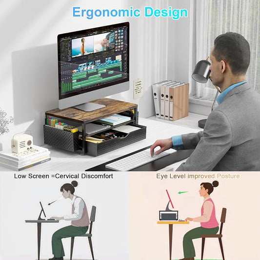 gianotter Desk Organizers and Accessories, Monitor Stand with Drawer and 2 Pen Holder, Desktop Organizer Suitable for Offices and Dormitories (Wood-Plain)