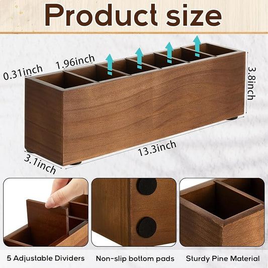 Jetec Wooden Pencil Pen Holder for Desk 6 Compartments Cosmetic Makeup Brush Stationery Office Desktop Organizers for Countertop Adjustable Silverware Caddy for Party, Home, Art Supplies(Walnut)