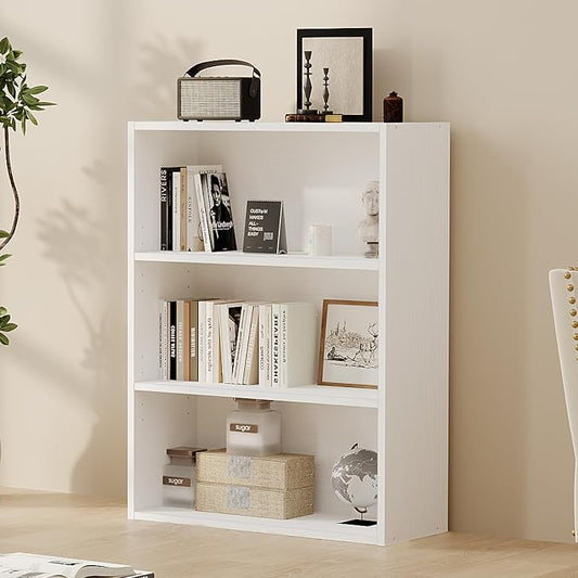 Sweetcrispy Industrial 3 Shelf Bookcase - Large 31.5 Inch Tall Floor Standing Open Bookshelf for Home Office, Living Room, and Bedroom Storage, Display Organizer, White