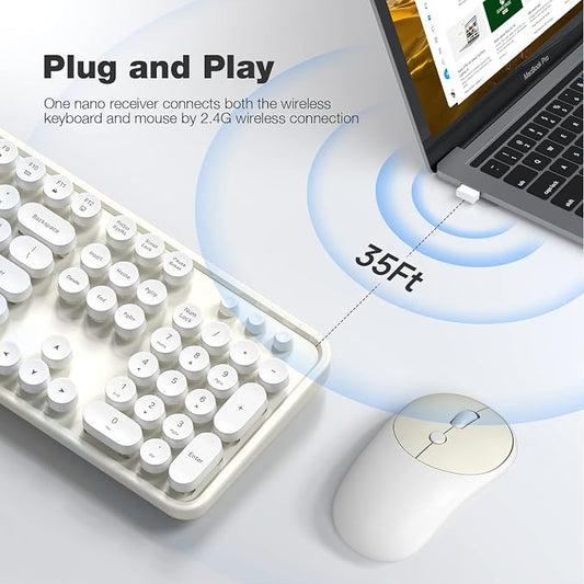 Dilter Wireless Keyboard and Mouse Combo, 104 Keys Full-Sized Typewriter Keyboards, 2.4 GHz USB Receiver Plug and Play, for Windows, PC, Laptop, Desktop (Cremy White)