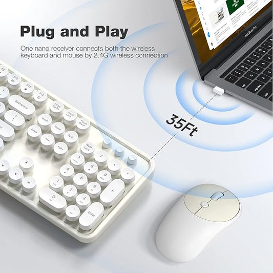 MOFII Wireless Keyboard and Mouse Combo, Milk White 2.4G Full Size Keyboard, Round Key Typewriter Keyboards and Cute Mice with 2-in-1 USB Dongle, for PC Laptop Chromebook Smart TV