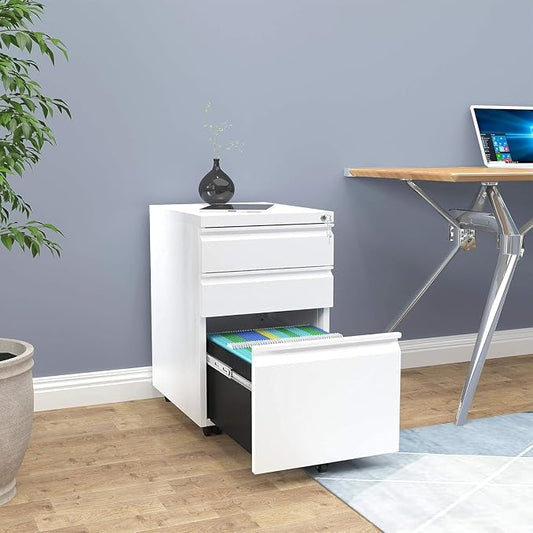 YITAHOME 3-Drawer Rolling Filing Cabinet Office Drawers, Lockable Office Storage Cabinet with Hanging Bars and Pencil Tray, Pre-Assembled Metal File Storage Under Desk (White)