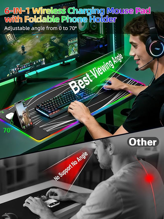 Mouse Pad with Foldable Phone Holder & Wireless Charger, XXL RGB Gaming Mousepad 31.5"x15.8" Large Desk Mat for Keyboard, Black Desk Pad with Dual Qi Charging Station | 11 Colors 5 Modes