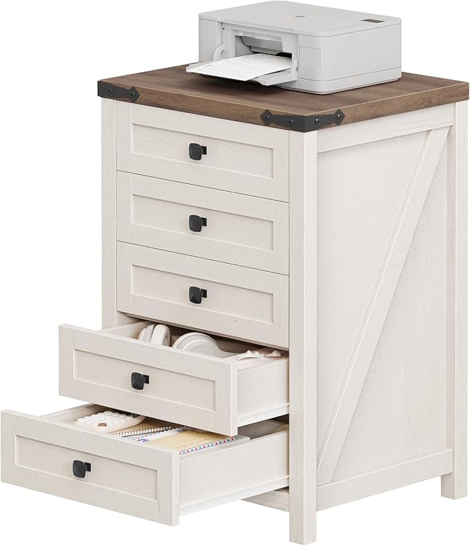 Halitaa 5 Drawer Storage Cabinet, Office Storage Cabinet with 5 Drawers, Small Farmhouse Printer Stand for Home Office, Rustic White and Brown