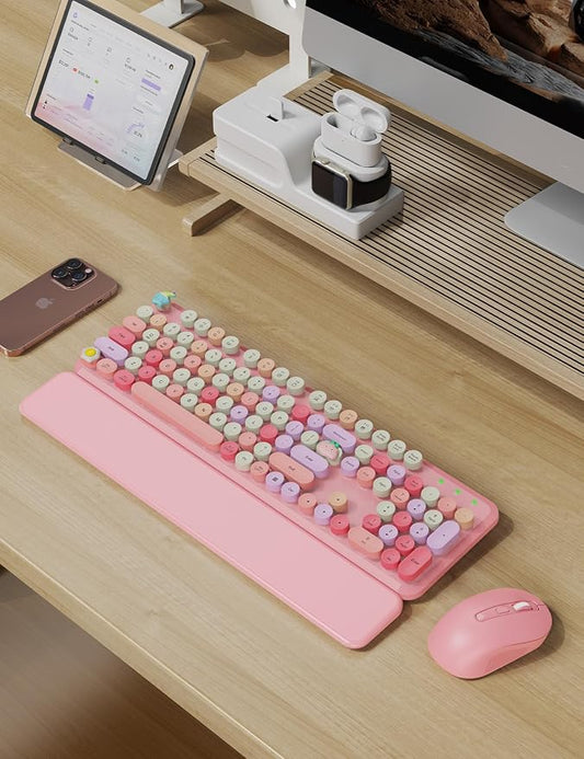 Wireless Keyboard and Mouse Combo, Typewriter Keyboard with Detachable Wrist Rest, Full-Size Retro Round Keycaps, Smart-Sleep, 2.4GHz Stable Connection for Mac/Windows/PC, Trueque(Rose Quartz Pink)