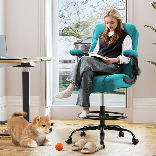 Drafting Chair Tall Office Chair for Standing Desk, Ergonomic Tall Desk Chair with Adjustable Foot Ring, Flip-Up Armrests, Lumbar Support, Comfortable Fabric Seat – Ideal for Home and Office Use