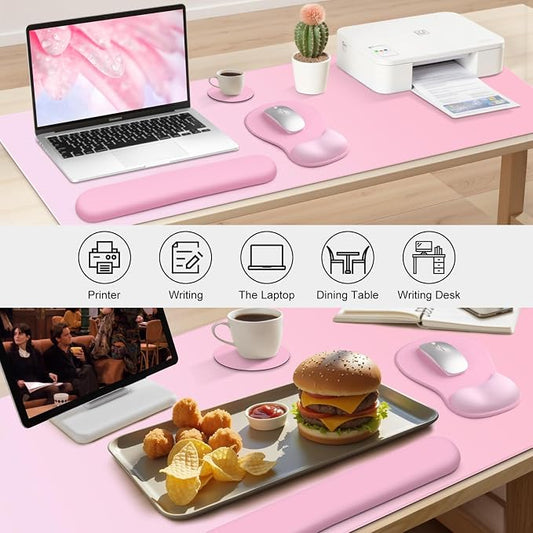 4-in-1 Large Gaming Mouse Pad, Keyboard Wrist Rest Pad & Wrist Support Mousepad Set, Extended Desk Pad Waterproof Desk Mat for Girl Women Home Office Decor Study Game 35.4×15.7 Inches I Soft Pink
