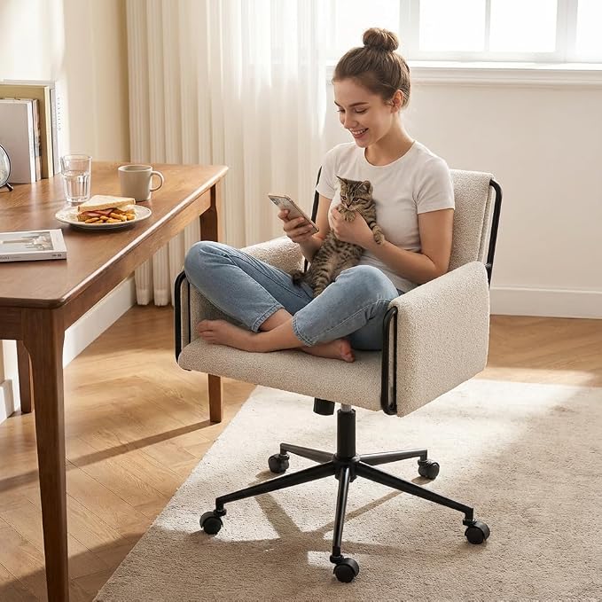 YOUNIKE Wide Seat Home Office Chair with Arms Modern Desk Chair with Wheels Fabric Vanity Chairs with Comfy Back Cross Legs Adjustable Swivel Rolling Computer Task Chair for Study Bedroom Makeup Beige