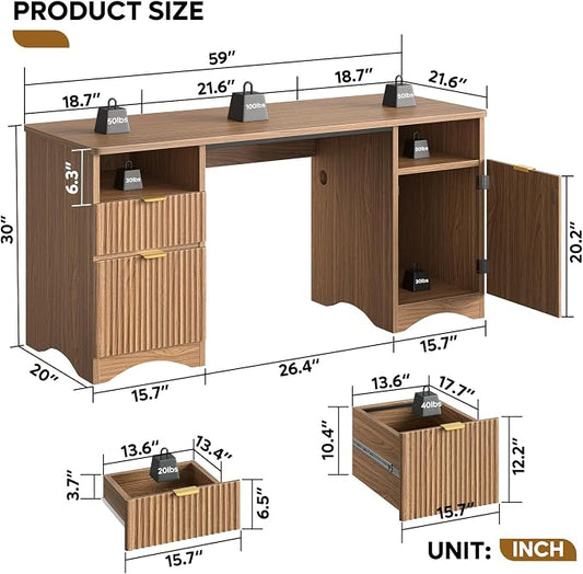 Bestier 59 inch Computer Desk with 2 Drawers, Office Desk with Storage File Cabinet and 2 Open Storage Shelves, Modern Fluted Executive Desk for Home Office Bedroom, Brown Oak