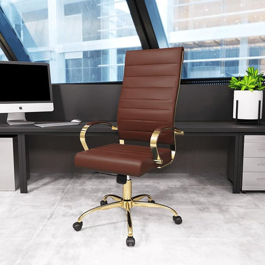 LeisureMod Modern High-Back Leather Office Chair - Swivel & Adjustable Executive Desk Chair with Gold Frame, Ergonomic Design for Home & Office (Brown, Single)
