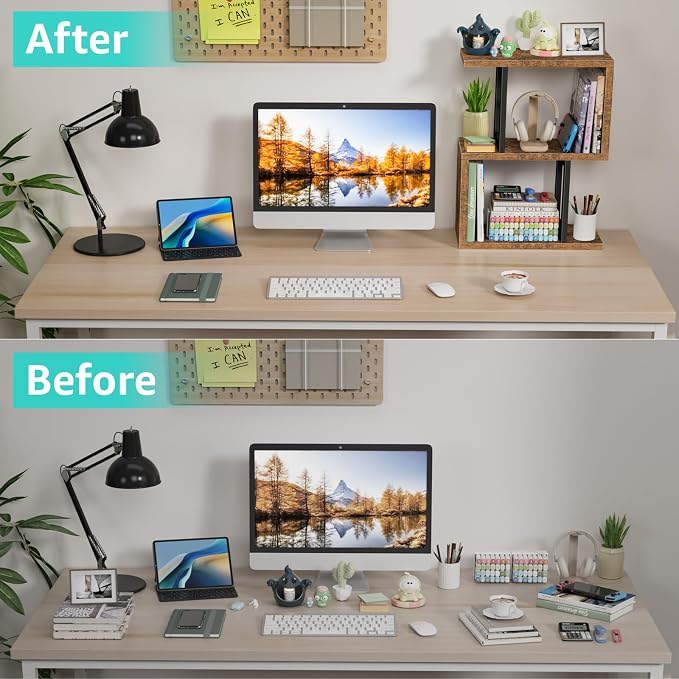 Desktop Bookshelf for Top of Desk Shelf - Brown Book Organizer 3-Tier Shelves Storage Small Bookcase Hutch for Dorm Office College