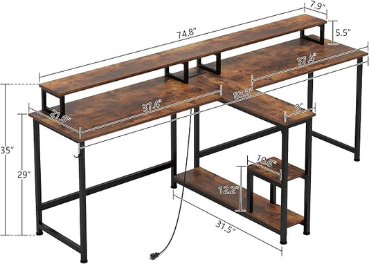 Mexin 2 Person Desk-83.7 Inch Double Computer Desk with Monitor Stand and Power Outlets, Office Desk with Storage Shelves, Long Desk for Home Office, Rustic Brown