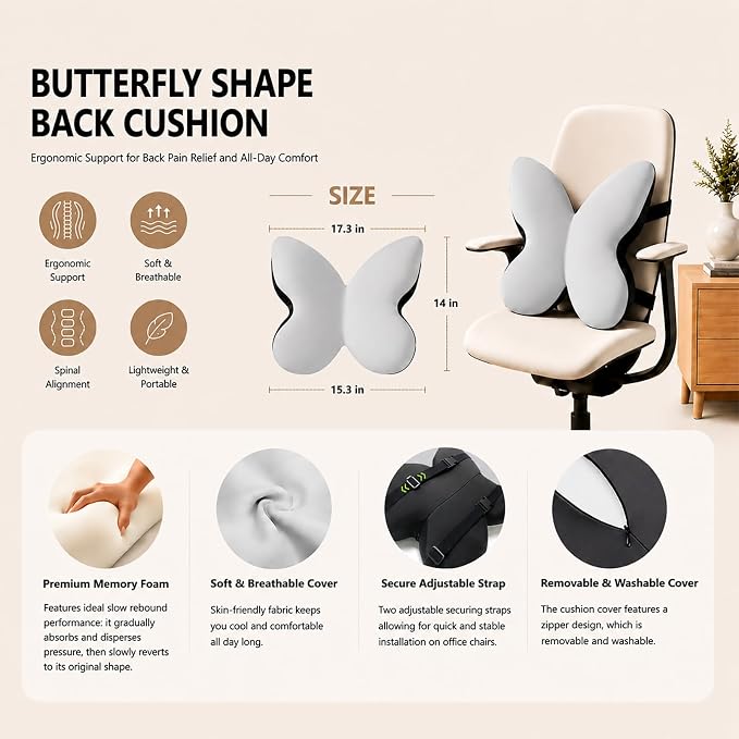 Memory Foam Lumbar Support Pillow,Back Support for Office Chair,Back Pillow for Chair,Ergonomic Lower Back Cushion for Desk Chair,Computer Chair,Gaming Chair and Car Seat,Washable Cover(Gray)
