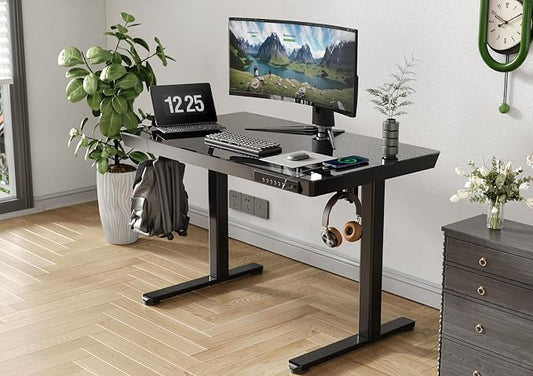 Claiks Glass Standing Desk with Drawers, 40 Inch Adjustable Stand Up Desk, Quick Install Home Office Computer Desk with USB Ports, Black