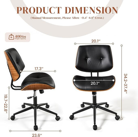 Home Office Desk Chair with Wheels, Adjustable Height Armless Desk Chairs, PU Leather Mid Back 360° Small Computer Chair for Study Meeting Makeup Room (Black)