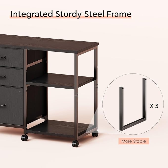 Maihail 3 Drawer File Cabinet with Wheels Rolling Printer Stand with Open Storage Shelf Fabric Lateral Filing Cabinet for Home Office,Black