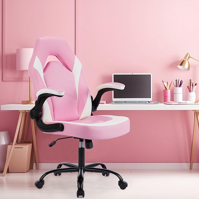 NEWBULIG Computer Gaming Desk Chair - Big Tall Ergonomic Lumbar Support with Flip-up Armrest and 360° Swivel Wheels, PU Leather Height Adjustable, for Home and Office, Pink