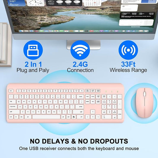 Wireless Keyboard and Mouse Combo, Full-Size Silent Ergonomic Keyboard and Optical Mouse, Long Battery Life, 2.4G Lag-Free Mice Keyboard for Computer,Mac,Laptop,PC,Windows(White Pink)