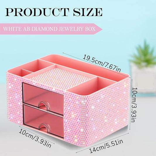 MotiMind Pink Bling Desk Organizer with 2 Drawer, Sparkly Makeup Organizer for Vanity, Girly Desk Accessories, Rhinestone Pen Holder, Elevate Your Workspace with Pink Serenity (Diamond)