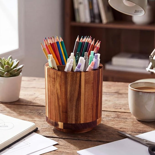Fullhawl Wooden Rotating Pen Holder 360 Degree Spinning Desk Organizer with Removable Divider Large Pencil Cup for Pens Markers Scissors Art Supplies Office Study Home Desk Craft Room Storage