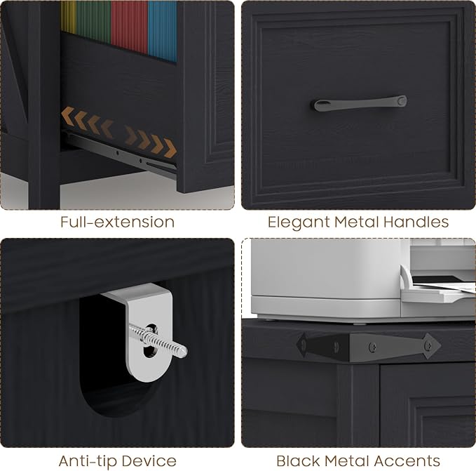 Vabches 2 Drawer Vertical File Cabinet, Wood Farmhouse Filing Cabinet Fits A4/Letter Size, Under Desk Small File Cabinets Printer Stand with Storage for Home Office, Black