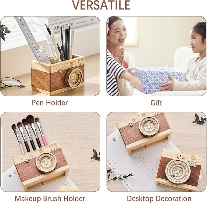 Vintage Wooden Camera Pencil Holder – Retro Desk Organizer for Pens & Stationery, Unique Photography Gift for Photographers, Creative Wooden Pen Holder for Office & Home Decor (Single slot)