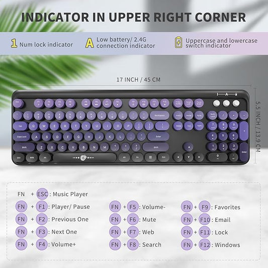 Wireless Keyboard and Mouse Combo - Cute Colorful Keyboard and Mouse, Retro Typewriter Keyboard with 2.4GHz Plug & Play, for Windows 11/10/7, Laptop, PC (Purple Wireless Keyboard and Mouse)