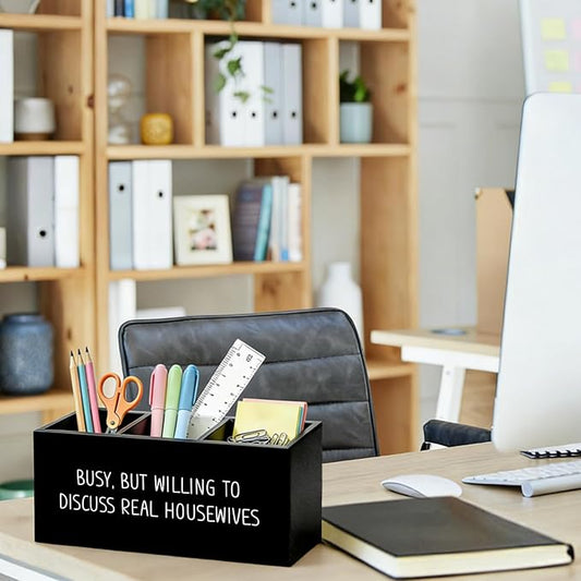 Funny Pen Pencil Holder for Desk, Funny Office Gifts for Coworkers, Busy But Willing to Discuss Housewives Wooden Box Sign Organizer for Office Workplace Desk Accessories Tabletop Decorations