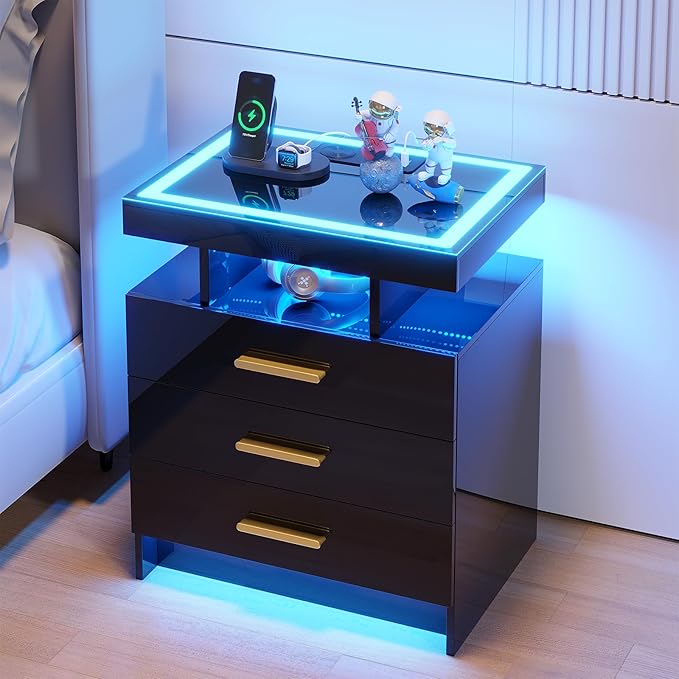 HNEBC Night Stand Set 2 with LED Lights, High Gloss Nightstand with 3 Drawers,Wireless&USB&Type-C Charging Station,Smart Side Tables with Tempered Glass Top for Bedroom,Living Room,Office-Black
