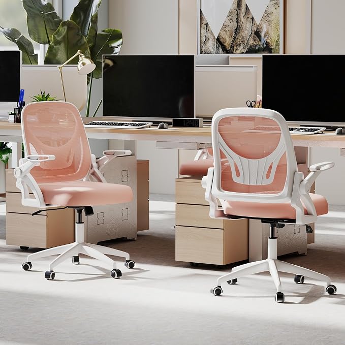 COSTWAY Office Chair, Comfy Swivel Rolling Desk Chair with Adjustable Height & Flip-Up Armrests, Ergonomic Mesh Computer Chairs with Lumbar Support for Working & Gaming, Pink
