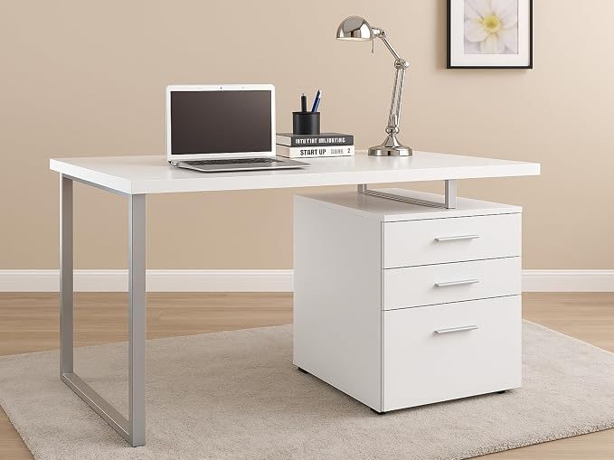 CARTESIAN Modern Reversible Computer Desk with 3 Drawers, 47.25W x 23.5D x 30H inches, White and Silver Metal Frame, File Cabinet Storage