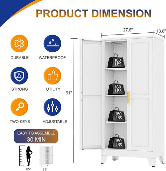 Metal Storage Cabinet with 2 Doors and 3 Adjustable Shelves - 61" Steel File Cabinet,Tool Cabinets for Office,Home,Garage,Gym,School,Bathroom,Kitchen(White)