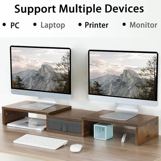 TEAMIX 3 Shelf Monitor Stand Riser With Drawer - Length and Angle Adjustable Dual Riser With Storage Corner Desk Shelf Organizer Large Computer Stand for 2 Monitors/Laptop (Brown, 1 Drawer)