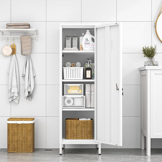 Metal Locker Cabinet, 47"H Home Office Storage Lockers, Vertical Steel Storage Cabinet with Locking Door and 3 Adjustable Shelves, Garage Tool File Cabinets for Home Office,Garage,Bathroom, White
