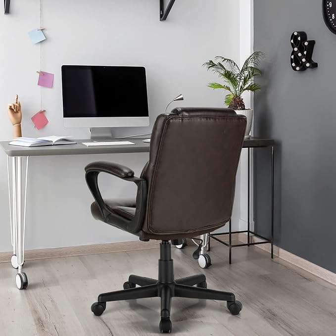 Giantex Leather Executive Chair, Ergonomic Mid Back Computer Desk Chair with 4" Thickened Cushion, Soft Padded Armrests, Height Adjustable Modern Swivel Task Chair for Home Office Study, Brown