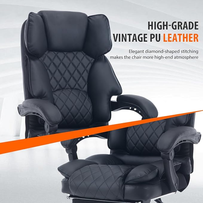 Big Tall Reclining Executive Office Chair with Footrest, 400lbs Ergonomic Recliner Desk Chairs with Lumbar Support, Heavy Duty High Back Lower Back Support Computer Chair with Wheels, Black
