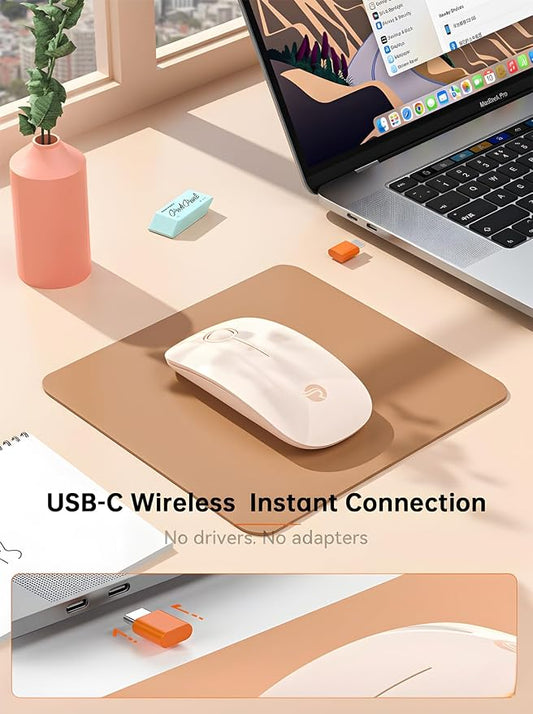 RAPIQUE R306C USB C Wireless Mouse for MacBook, Type-C 2.4GHz Portable Computer Mouse, Silent Click, Ultra-Slim Cordless Mouse, 3-Speed DPI, for USB-C Laptops, iPad, Chromebook, MacOS - Flesh Pink