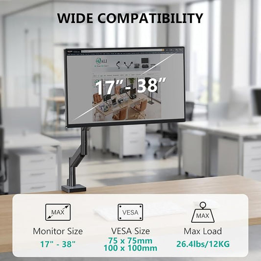 WALI Extra Long Single Monitor Arm for 17-38 inch Screens, up to 26.4 lbs | Tall Monitor Desk Mount, Full Motion with Tilt, Swivel, Rotation, C-Clamp/Grommet Base, VESA 75/100mm (GSMP001L), Black