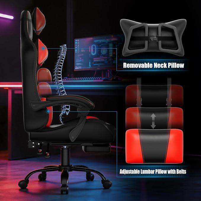 Czlolo Gaming Chair, 2026 Upgraded RGB LED Lights Computer Chair with Footrest, Lumbar Support Massager Gamer Chair, High Back, 90-135° Reclining, Linkage Armrests, Red