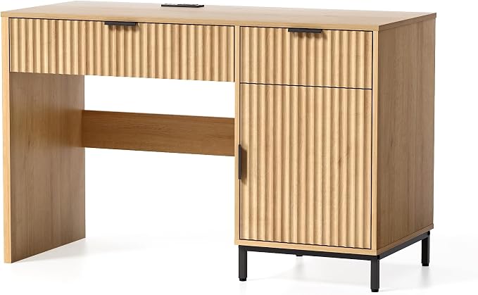 EYYTHUNG 47" Fluted Executive Desk, Modern Wood Home Office Desk with Charging Station, Drawer & Cabinet, Computer Writing Desk for Work Study, Natural Oak