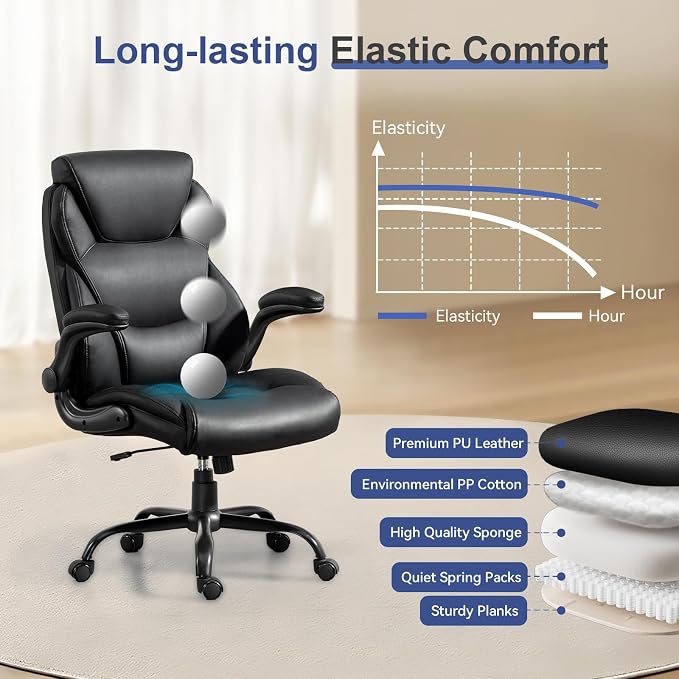 Brage Living 400LBS Big and Tall Office Chair, Leather Executive Desk Chair with Padded Flip-up Arms, Heavy Duty Swivel Rolling Computer Chair for Home Office, Black, Set of 2